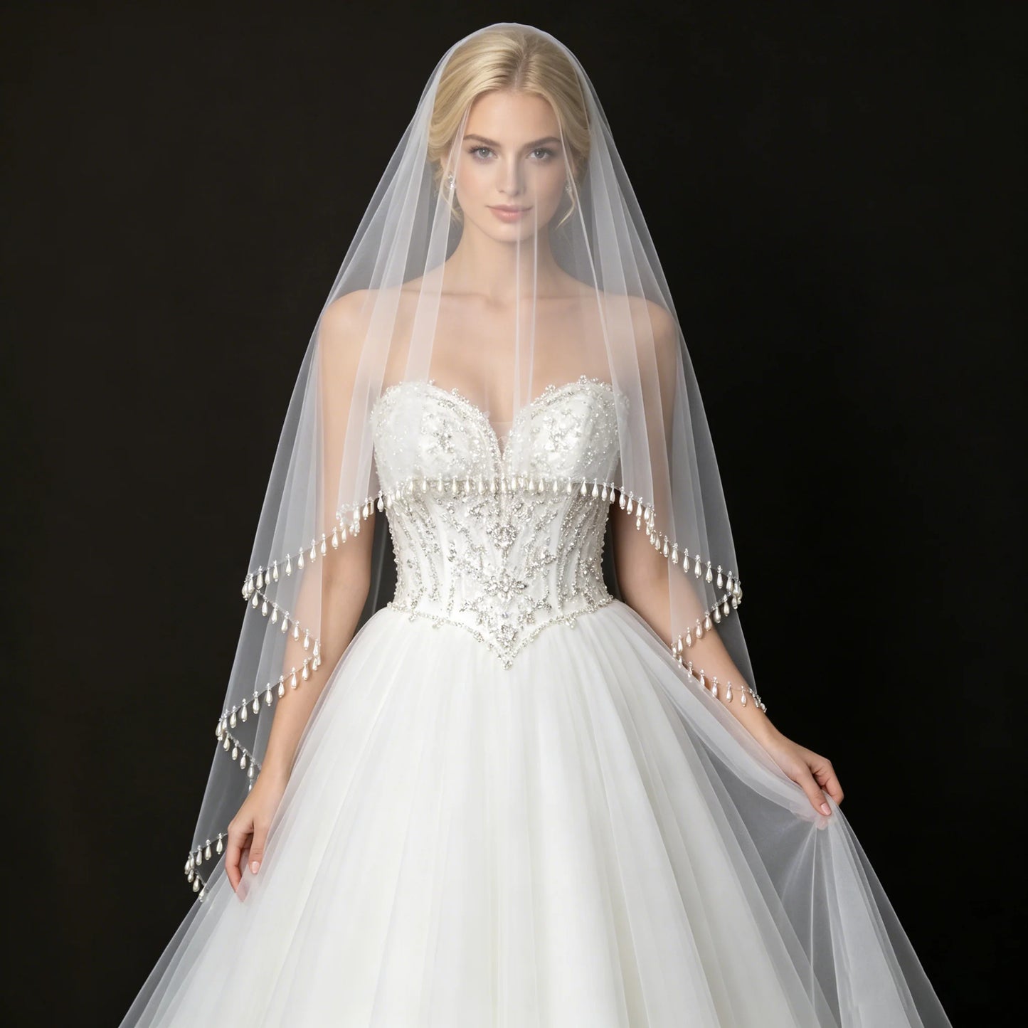 Teardrop Pearl Edge Wedding Veil 2 Tier Fingertip Length Soft Tulle with Comb