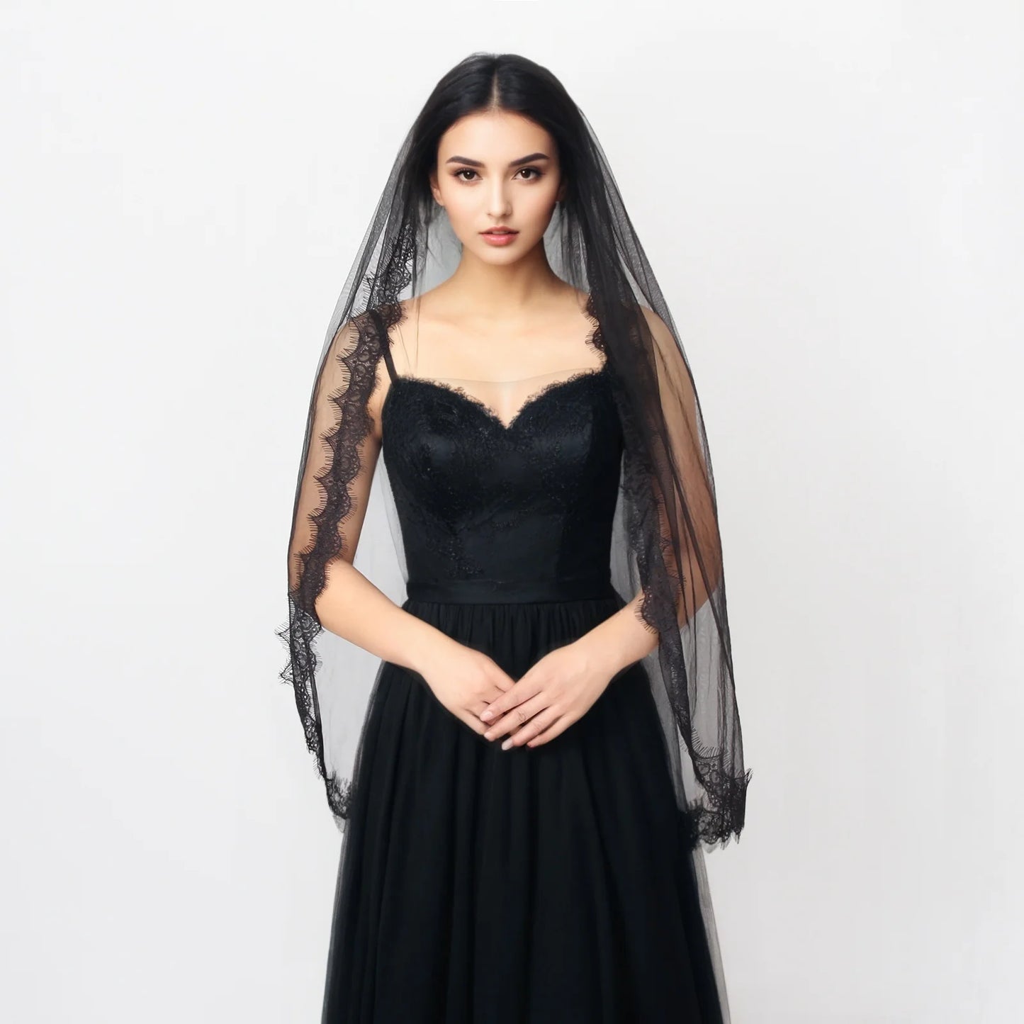 Black Bridal Veil Lace trim 75cm/100cm Hand-stitched