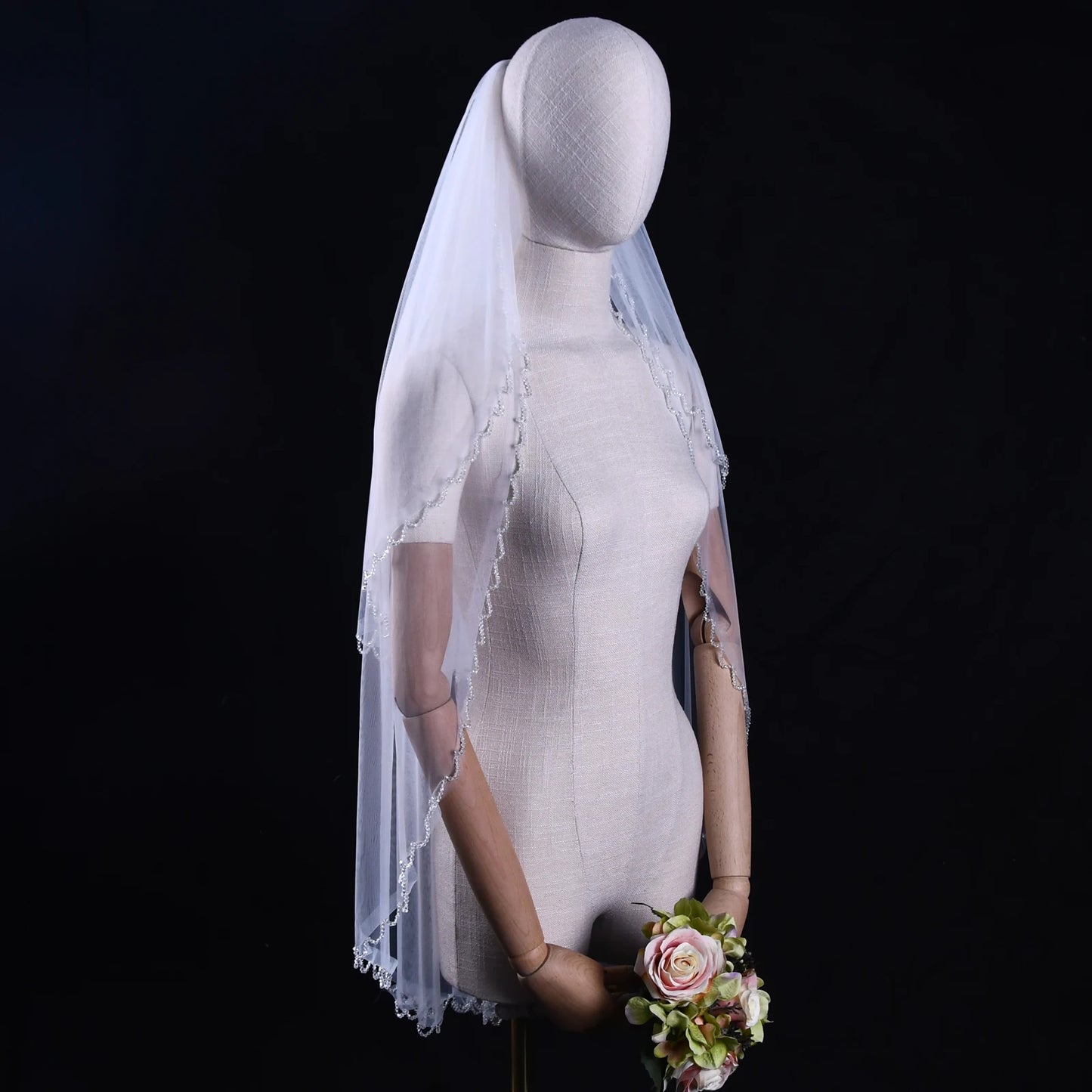Elegant 2 Tier Wedding Veil with Crystal Edge Bridal Veils Cover Front and Back of Wedding Dresses