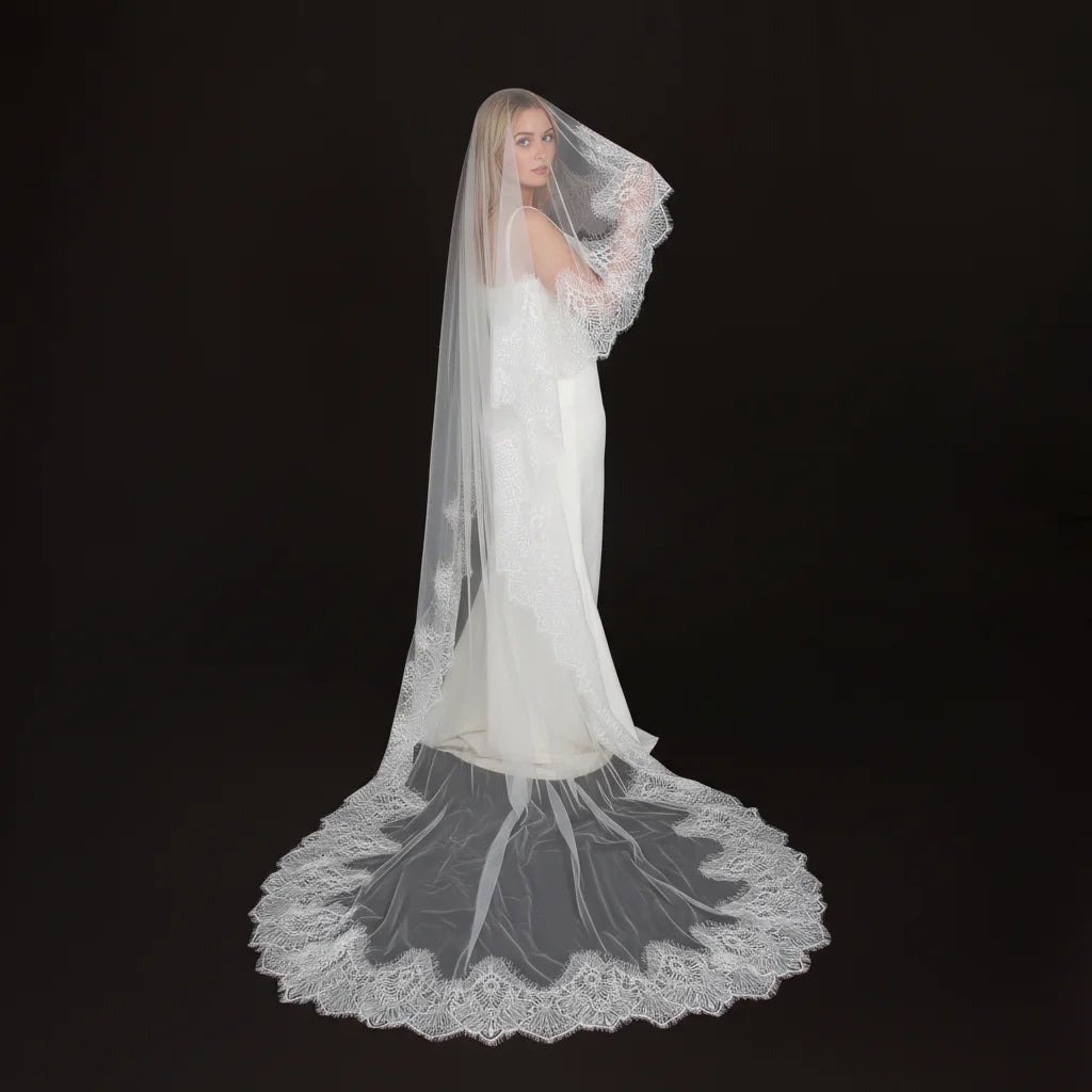 Luxury Cathedral Bridal Veil with Full Lace Trim Long Train Elegant Sheer Wedding Headpiece