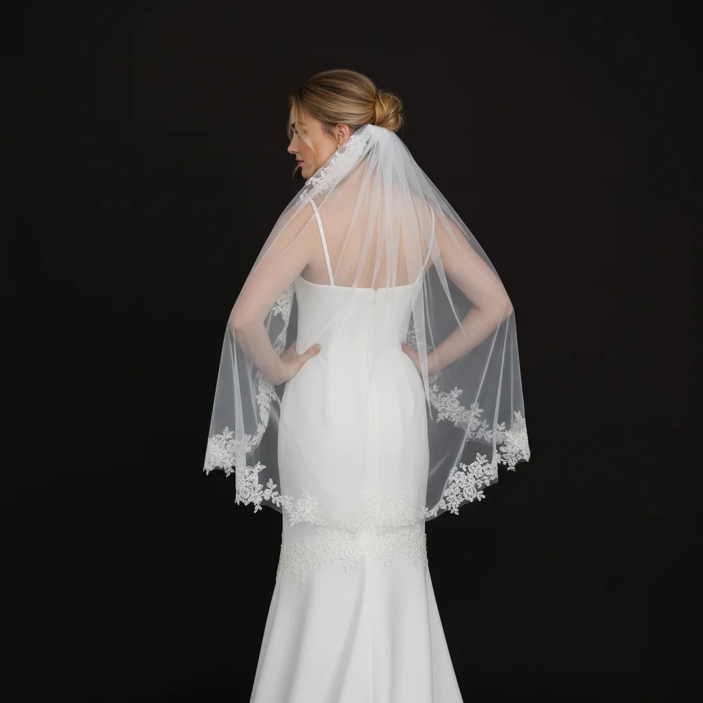 Elegant Bridal Veil with Exquisite Floral Lace Trim Soft Tulle Weddin