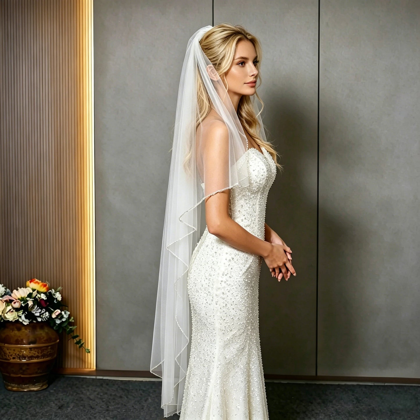 Waltz Length Bridal Veil Crystal Beaded Edge Soft Tulle Wedding Veil with Comb, One-Tier Veil