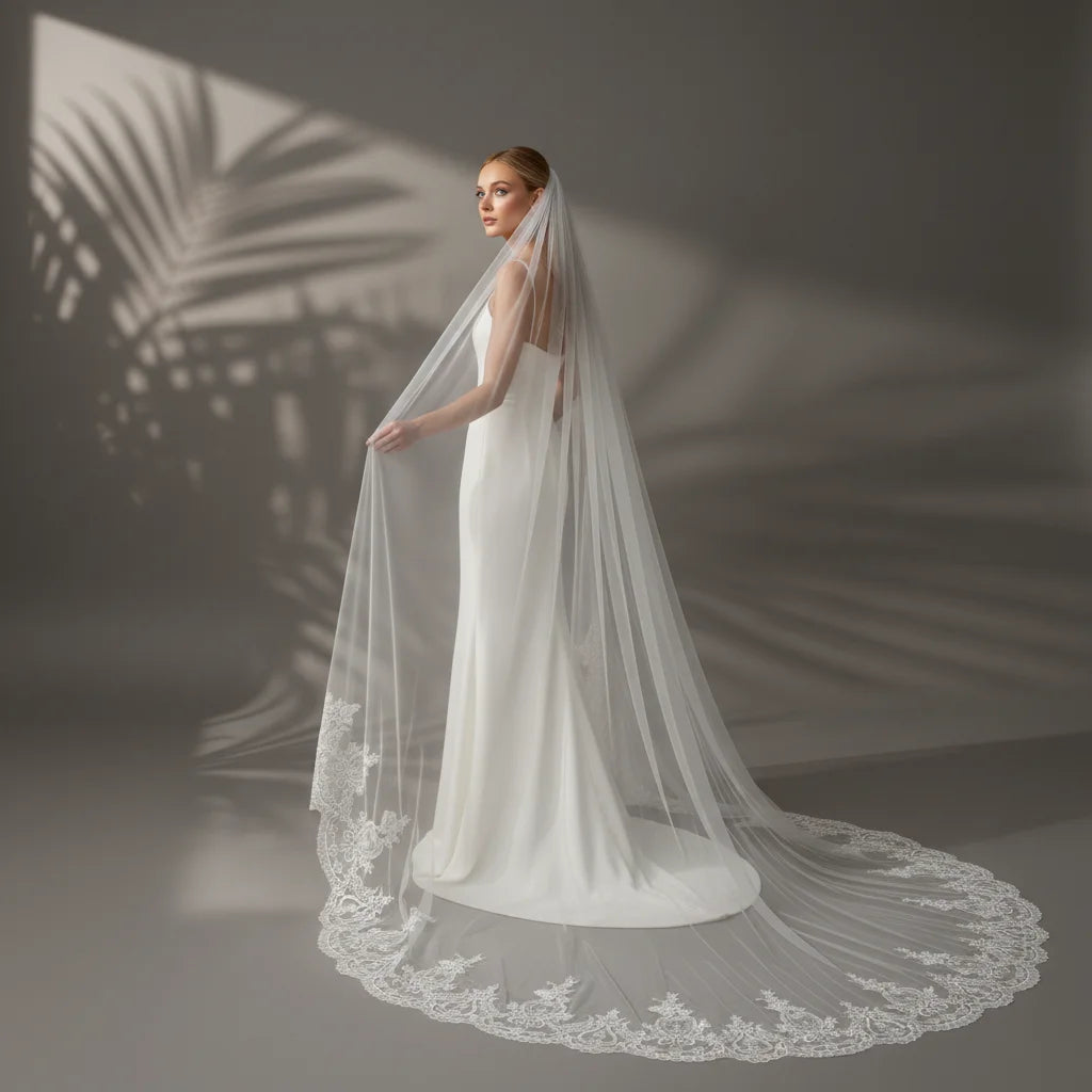Cathedral Bridal Wedding Veil Lace Trimmed Luxurious 300cm Long Train