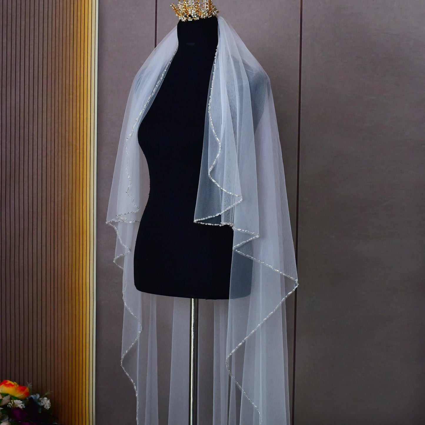 Waltz Length Bridal Veil Crystal Beaded Edge Soft Tulle Wedding Veil with Comb, One-Tier Veil