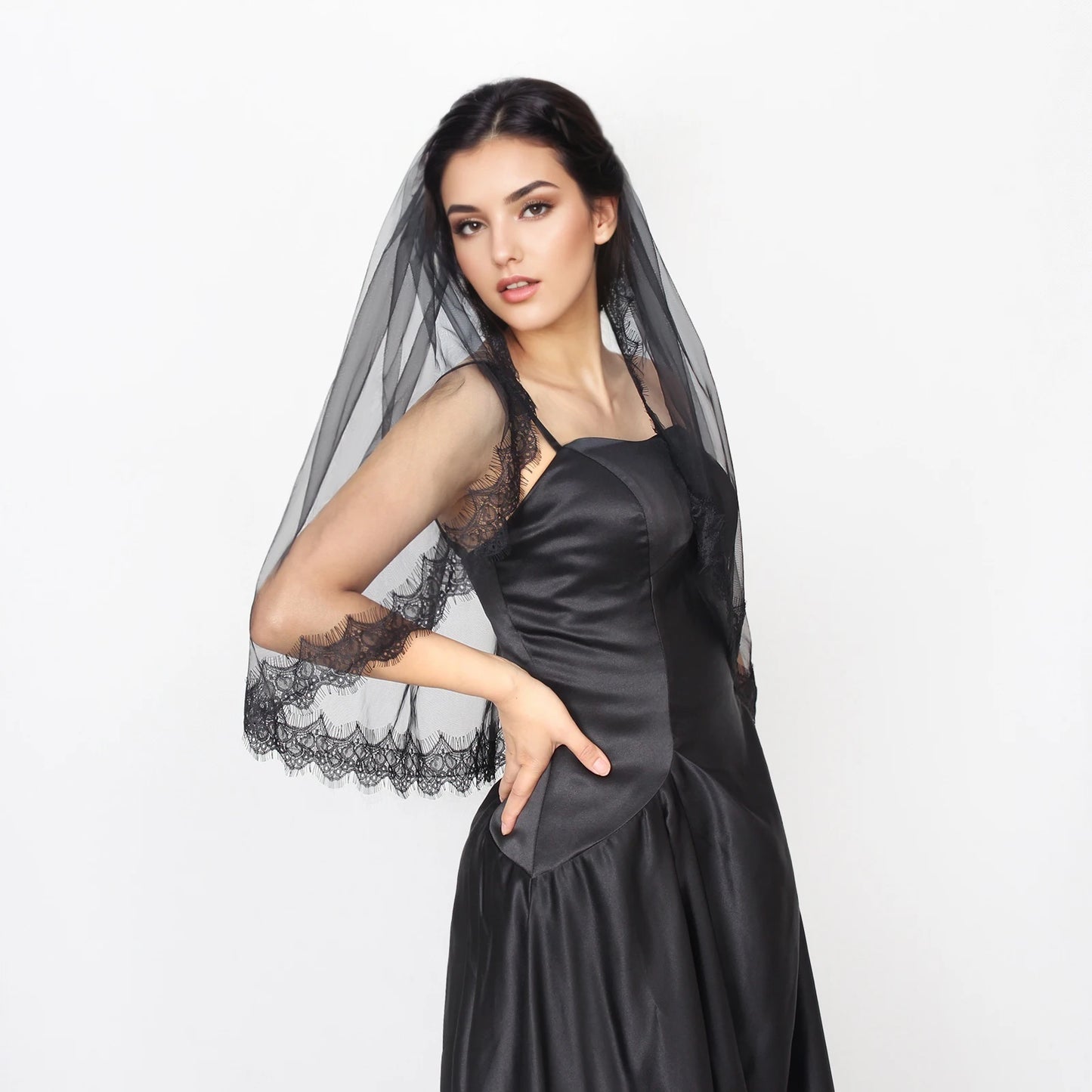 Black Bridal Veil Lace trim 75cm/100cm Hand-stitched