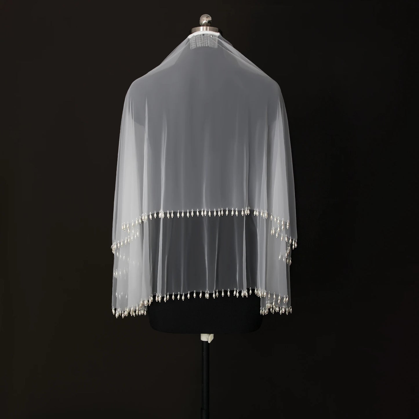 Teardrop Pearl Edge Wedding Veil 2 Tier Fingertip Length Soft Tulle with Comb