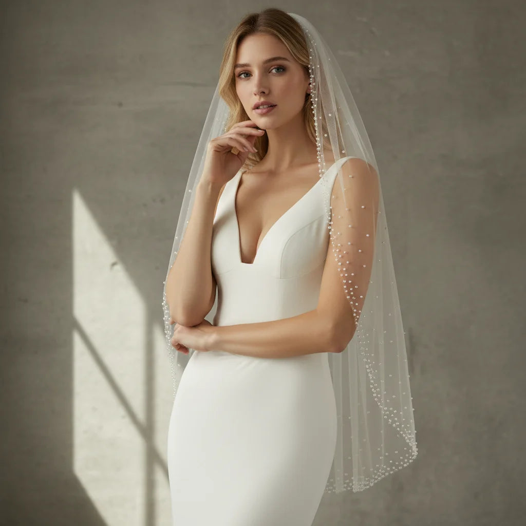 Romantic Pearl Dot Tulle Wedding Veil for Brides with Lightweight Design Subtle Beaded