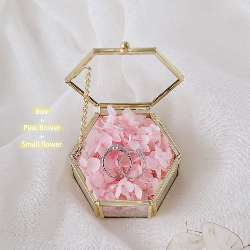 Hexagonal Glass Ring Box Geometrical Clear Jewelry Flower Ring Holder - Blossom Wedding