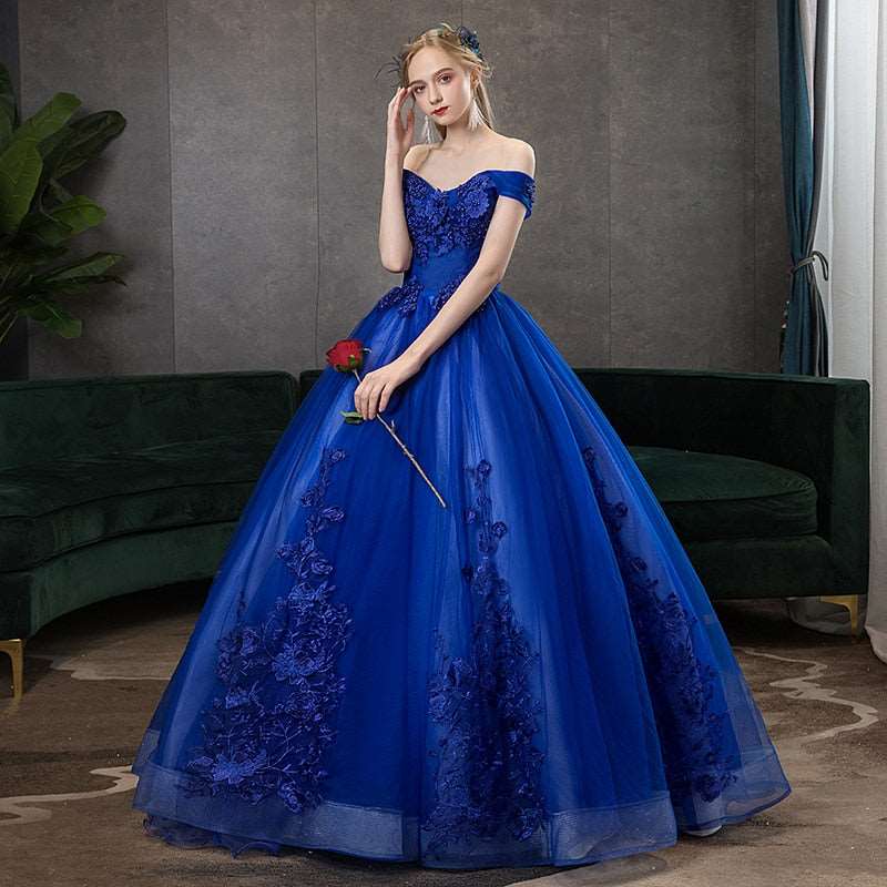Off Shoulder Ball Gown Classic Lace Embroidery Vintage Evening Dresses Plus Size available - Blossom Wedding