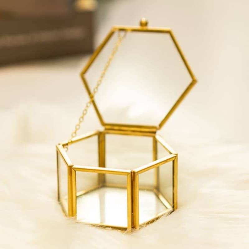 Hexagonal Glass Ring Box Geometrical Clear Jewelry Flower Ring Holder - Blossom Wedding