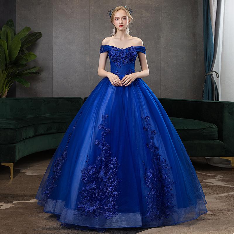 Off Shoulder Ball Gown Classic Lace Embroidery Vintage Evening Dresses Plus Size available - Blossom Wedding