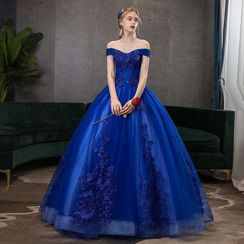 Off Shoulder Ball Gown Classic Lace Embroidery Vintage Evening Dresses Plus Size available - Blossom Wedding