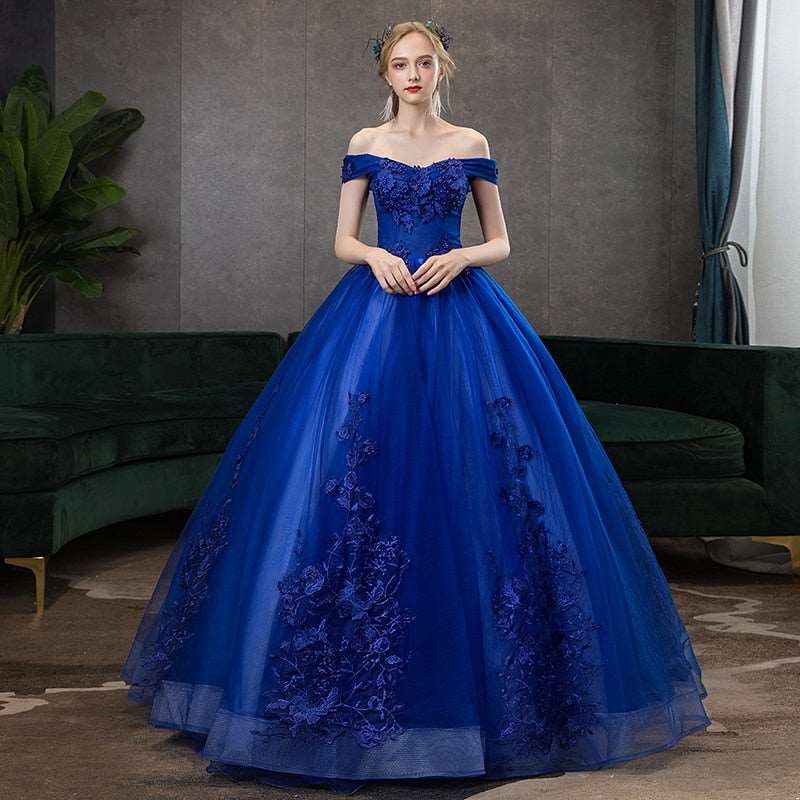 Off Shoulder Ball Gown Classic Lace Embroidery Vintage Evening Dresses Plus Size available - Blossom Wedding