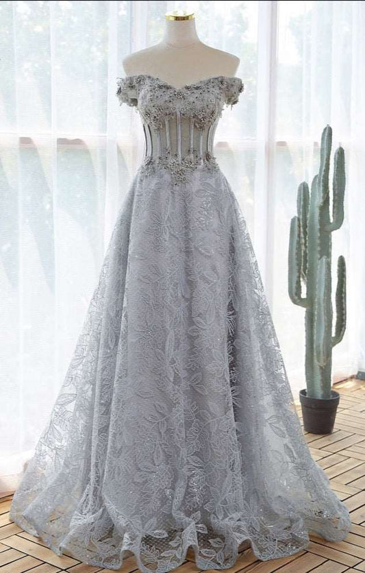 Elegant Lace Gray Evening Dress Plus Size - Blossom Wedding