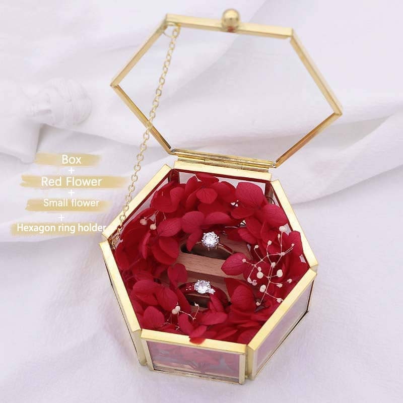 Hexagonal Glass Ring Box Geometrical Clear Jewelry Flower Ring Holder - Blossom Wedding