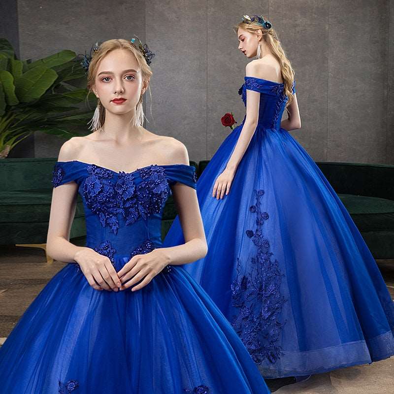 Off Shoulder Ball Gown Classic Lace Embroidery Vintage Evening Dresses Plus Size available - Blossom Wedding