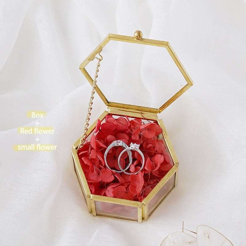 Hexagonal Glass Ring Box Geometrical Clear Jewelry Flower Ring Holder - Blossom Wedding