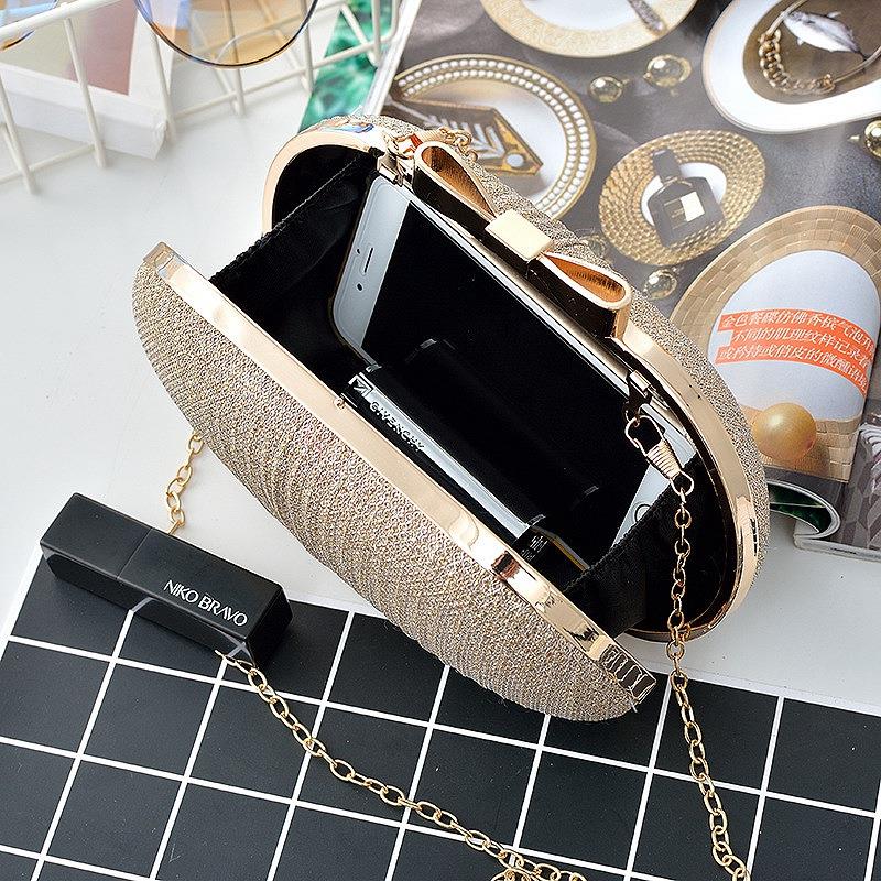 Shiny Golden Metal Bow Bridal Clutch Bag Wedding Handbag Chain Shoulder Bag - Blossom Wedding