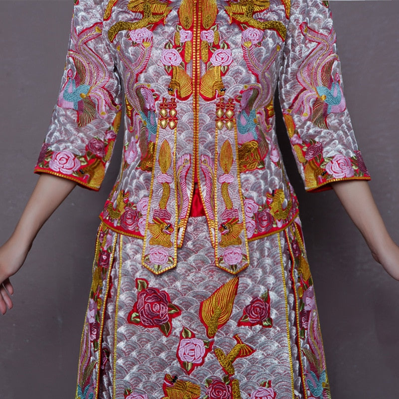 Bride Wedding Dress Exquisite Phoenix Embroidery Cheongsam Oriental Chinese Style Bride Costume Toast Clothing - Blossom Wedding