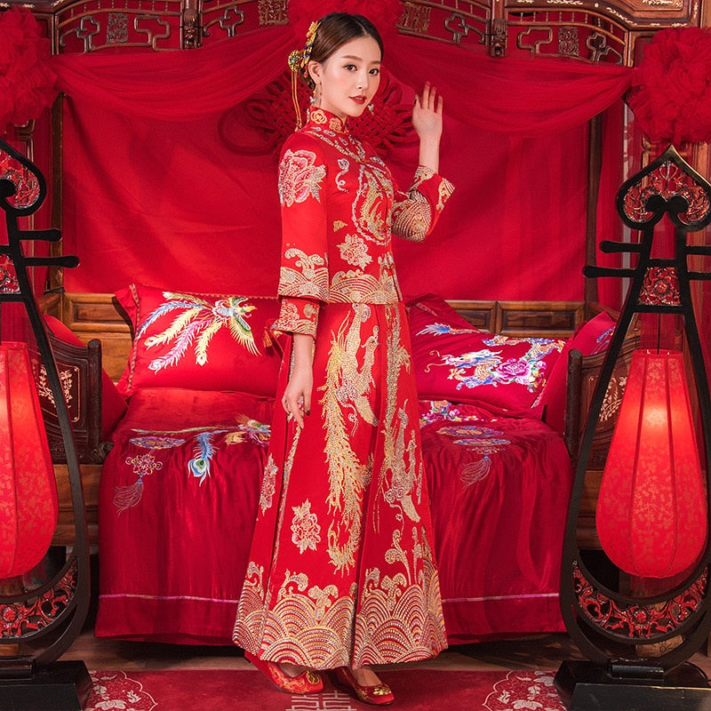 Bride Wedding Dress Exquisite Phoenix Embroidery Cheongsam Oriental Chinese Style Bride Costume Toast Clothing - Blossom Wedding