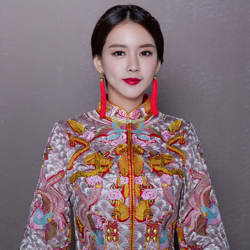 Bride Wedding Dress Exquisite Phoenix Embroidery Cheongsam Oriental Chinese Style Bride Costume Toast Clothing - Blossom Wedding