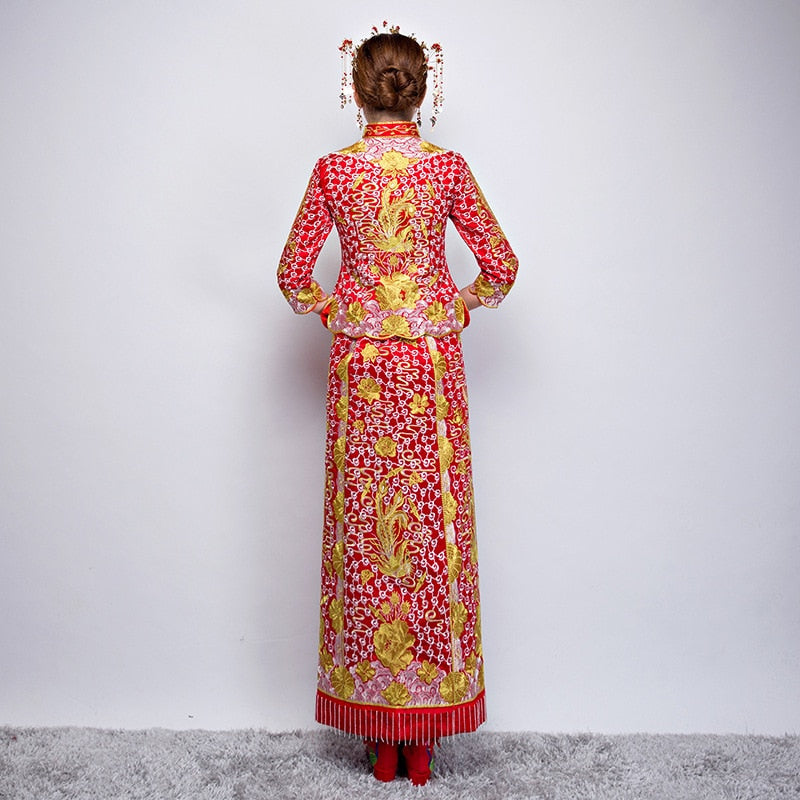 Bride Dragon Phoenix Embroidery Rhinestone Qipao Chinese Traditional Wedding Long Cheongsam 龍鳳卦/秀禾服 - Blossom Wedding