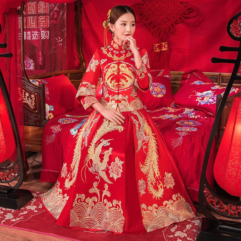 Bride Wedding Dress Exquisite Phoenix Embroidery Cheongsam Oriental Chinese Style Bride Costume Toast Clothing - Blossom Wedding