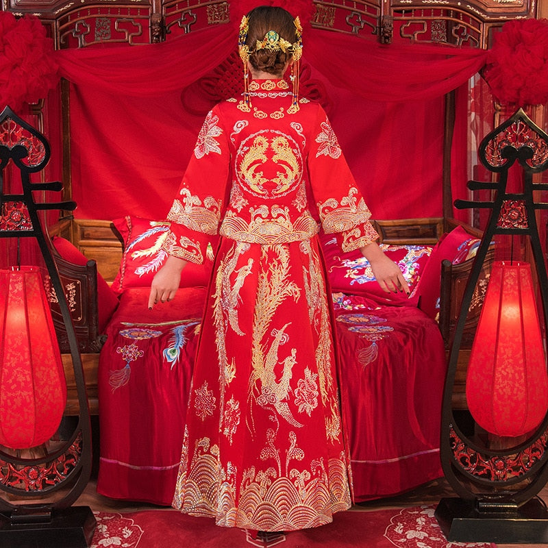 Bride Wedding Dress Exquisite Phoenix Embroidery Cheongsam Oriental Chinese Style Bride Costume Toast Clothing - Blossom Wedding