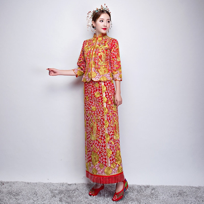 Bride Dragon Phoenix Embroidery Rhinestone Qipao Chinese Traditional Wedding Long Cheongsam 龍鳳卦/秀禾服 - Blossom Wedding