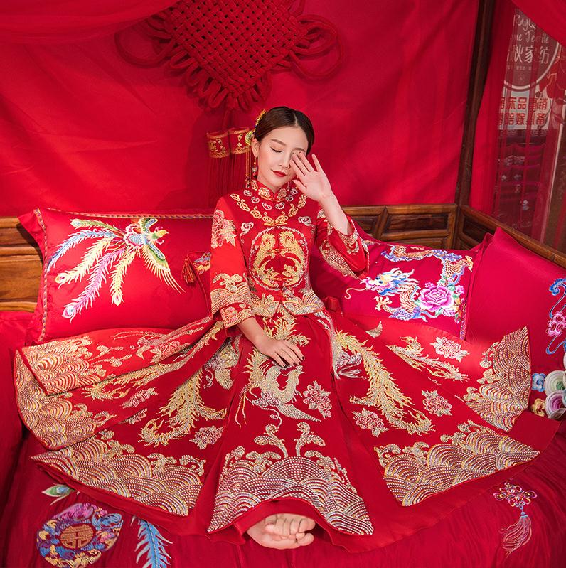 Bride Wedding Dress Exquisite Phoenix Embroidery Cheongsam Oriental Chinese Style Bride Costume Toast Clothing - Blossom Wedding