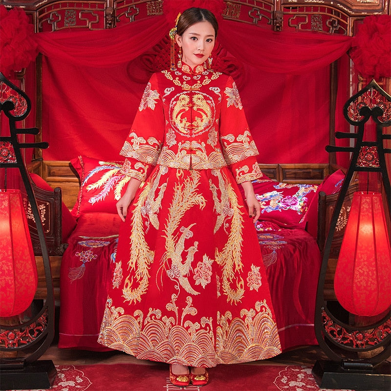 Bride Wedding Dress Exquisite Phoenix Embroidery Cheongsam Oriental Chinese Style Bride Costume Toast Clothing - Blossom Wedding