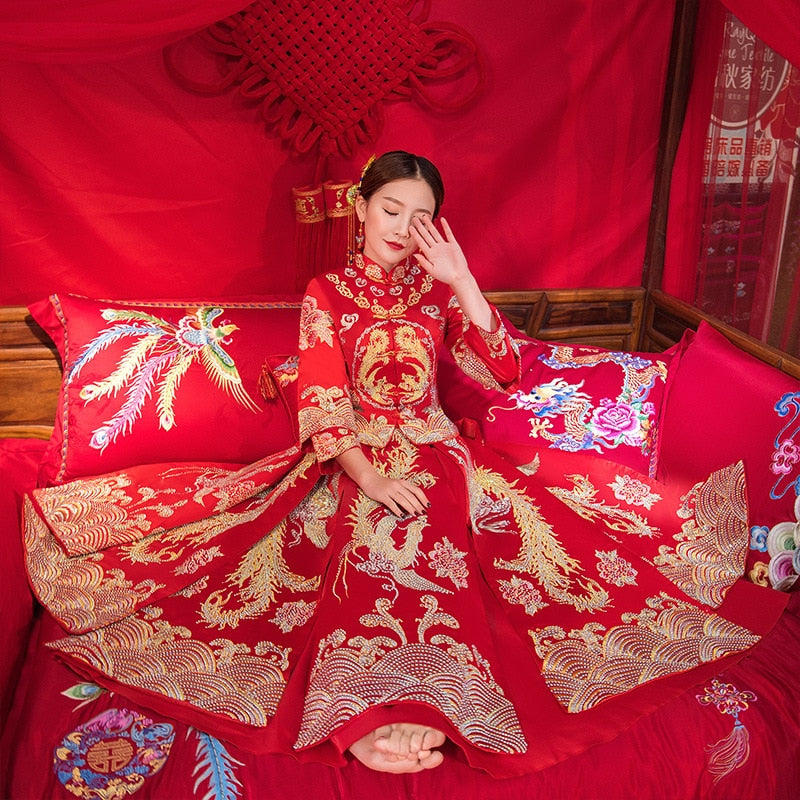 Bride Wedding Dress Exquisite Phoenix Embroidery Cheongsam Oriental Chinese Style Bride Costume Toast Clothing - Blossom Wedding