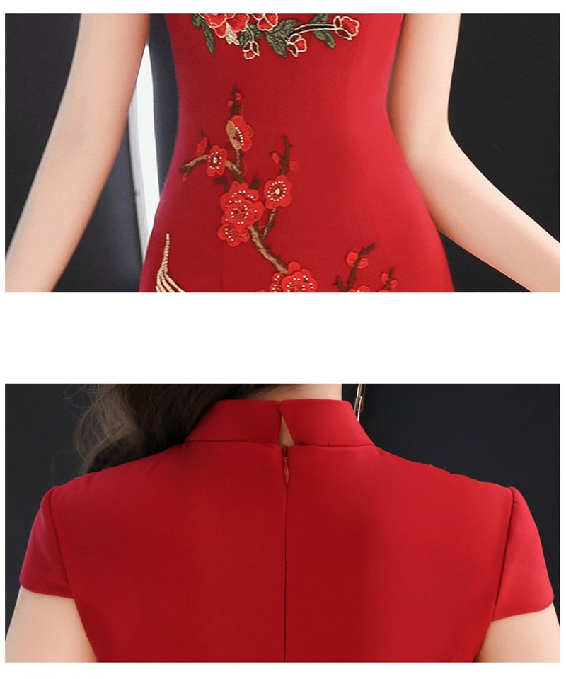 Embroidery Chinese Traditional Cheongsam Elegant Bride Wedding Party Dress Mermaid Sexy Long Qipao 旗袍/奧黛 Plus Size Available - Blossom Wedding
