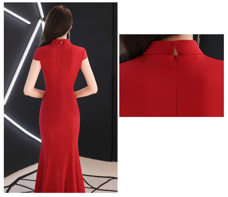 Embroidery Chinese Traditional Cheongsam Elegant Bride Wedding Party Dress Mermaid Sexy Long Qipao 旗袍/奧黛 Plus Size Available - Blossom Wedding