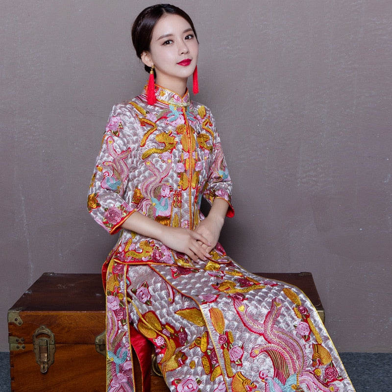 Bride Wedding Dress Exquisite Phoenix Embroidery Cheongsam Oriental Chinese Style Bride Costume Toast Clothing - Blossom Wedding