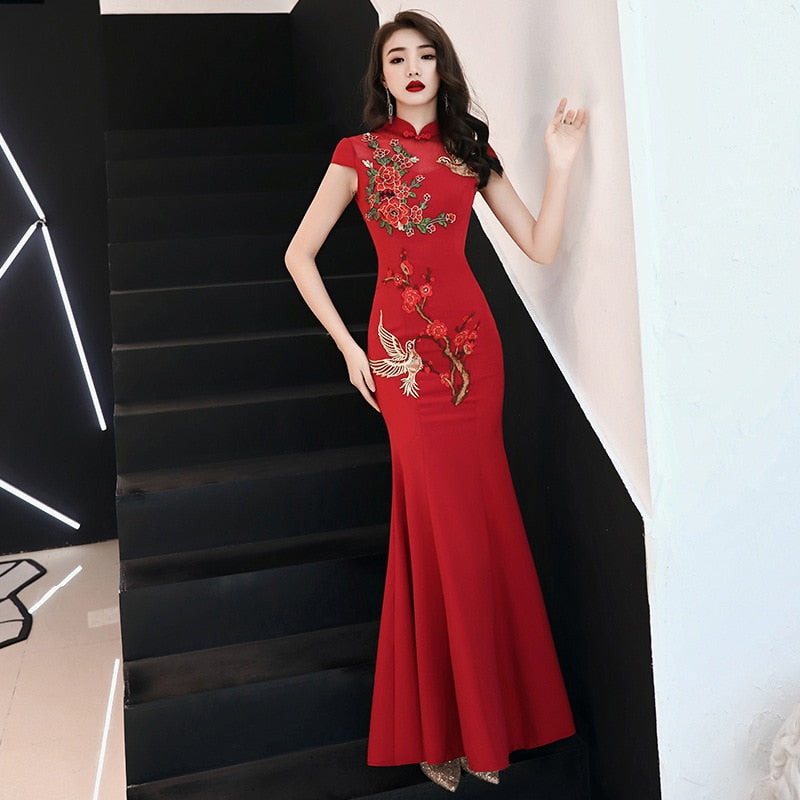 Embroidery Chinese Traditional Cheongsam Elegant Bride Wedding Party Dress Mermaid Sexy Long Qipao 旗袍/奧黛 Plus Size Available - Blossom Wedding
