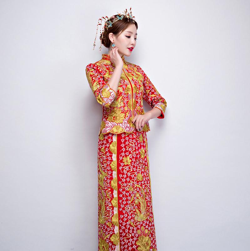 Bride Dragon Phoenix Embroidery Rhinestone Qipao Chinese Traditional Wedding Long Cheongsam 龍鳳卦/秀禾服 - Blossom Wedding