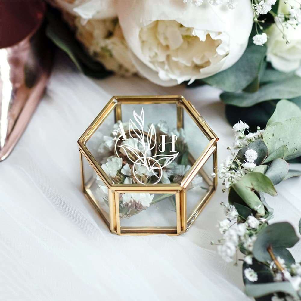 Hexagonal Glass Ring Box Geometrical Clear Jewelry Flower Ring Holder - Blossom Wedding
