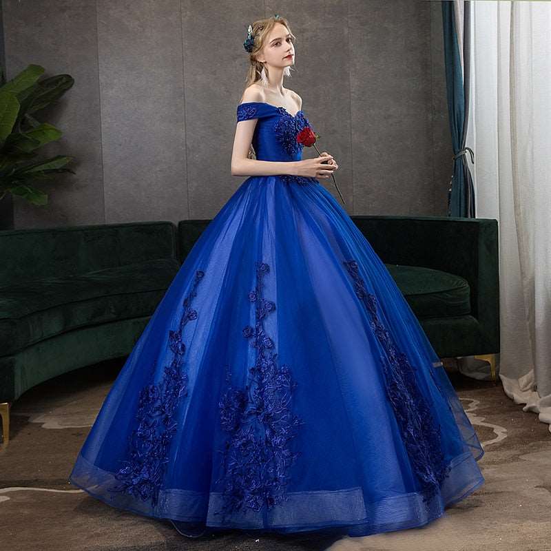 Off Shoulder Ball Gown Classic Lace Embroidery Vintage Evening Dresses Plus Size available - Blossom Wedding