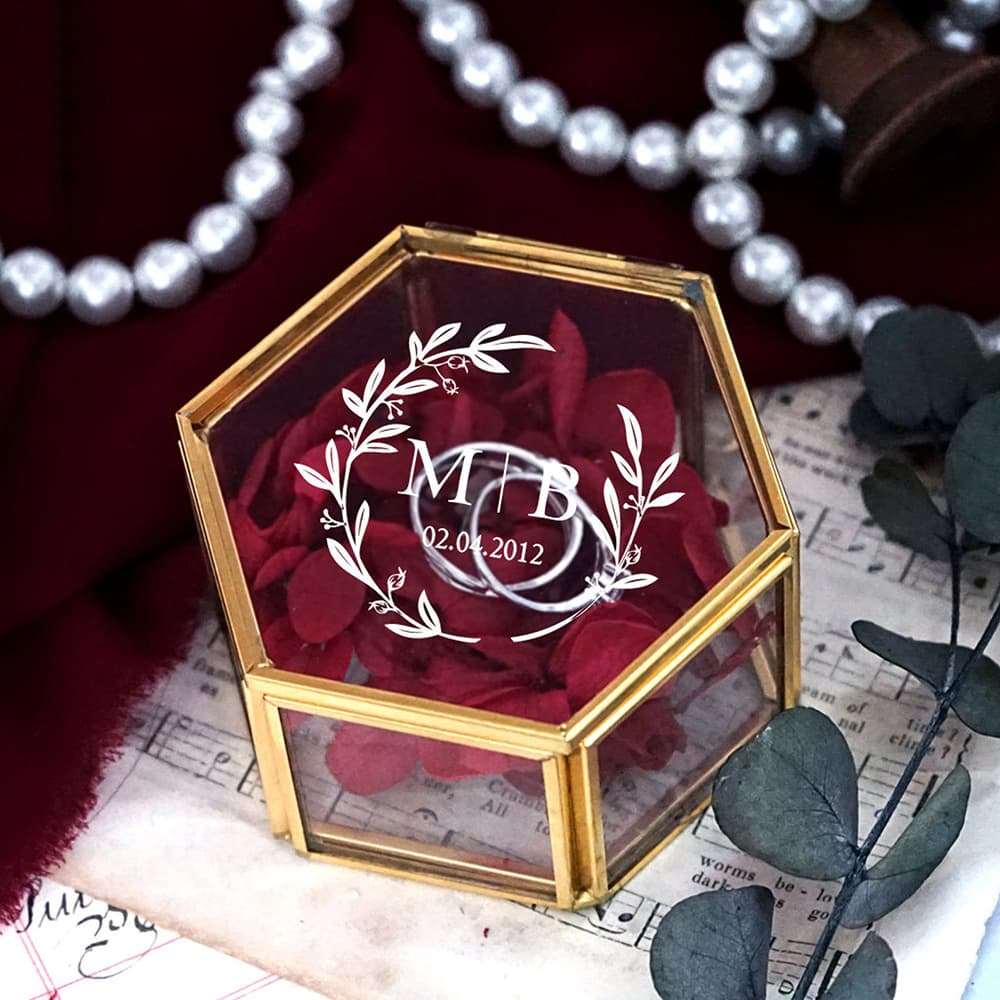 Hexagonal Glass Ring Box Geometrical Clear Jewelry Flower Ring Holder - Blossom Wedding
