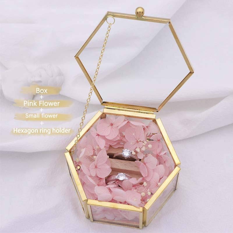 Hexagonal Glass Ring Box Geometrical Clear Jewelry Flower Ring Holder - Blossom Wedding