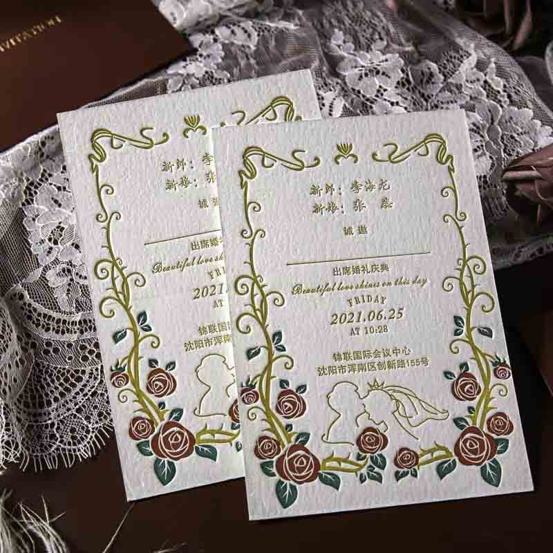 40 PCS Letterpress Cotton Invites with Floral Bride Groom - Blossom Wedding