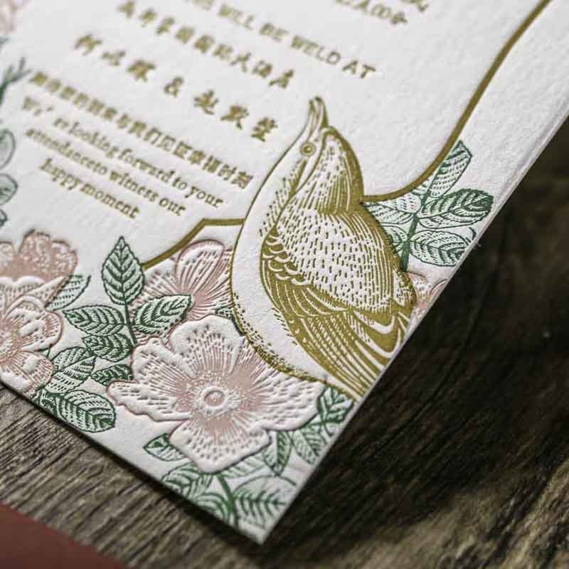 40 PCS Letterpress Cotton Invites with Golden Floral Bird - Blossom Wedding