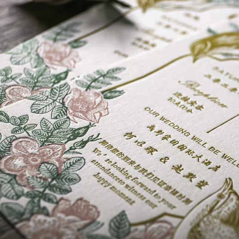 40 PCS Letterpress Cotton Invites with Golden Floral Bird - Blossom Wedding