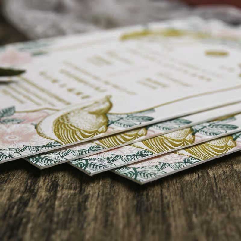 40 PCS Letterpress Cotton Invites with Golden Floral Bird - Blossom Wedding