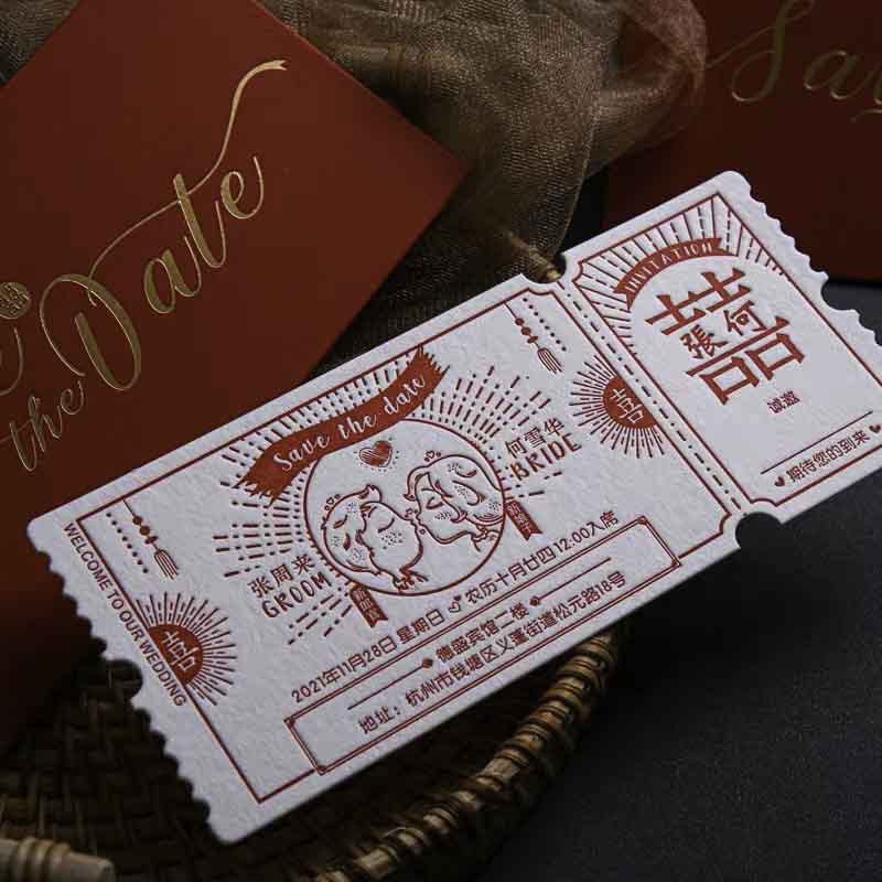 40 PCS Letterpress Cotton Invites with Double Happiness Pocket Design - Blossom Wedding