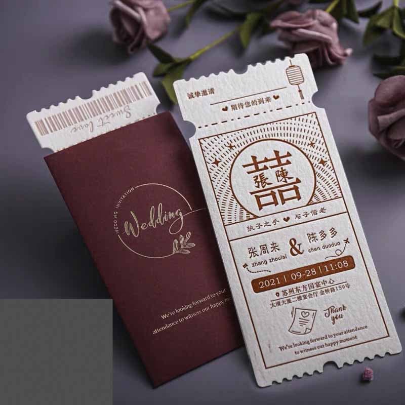 40 PCS Letterpress Cotton Invites with Ticket Pocket Design - Blossom Wedding