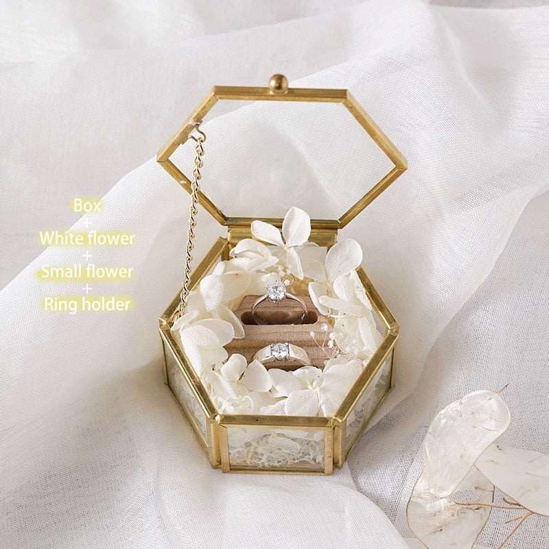 Hexagonal Glass Ring Box Geometrical Clear Jewelry Flower Ring Holder - Blossom Wedding