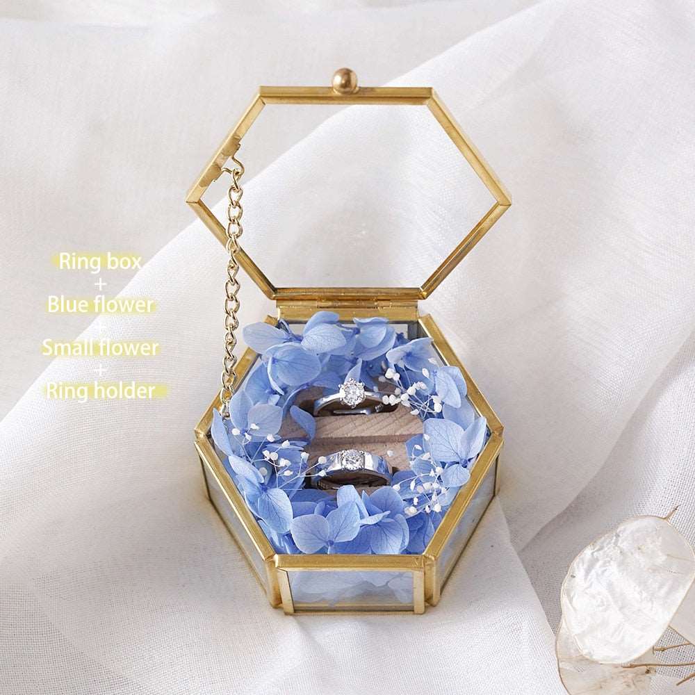 Hexagonal Glass Ring Box Geometrical Clear Jewelry Flower Ring Holder - Blossom Wedding