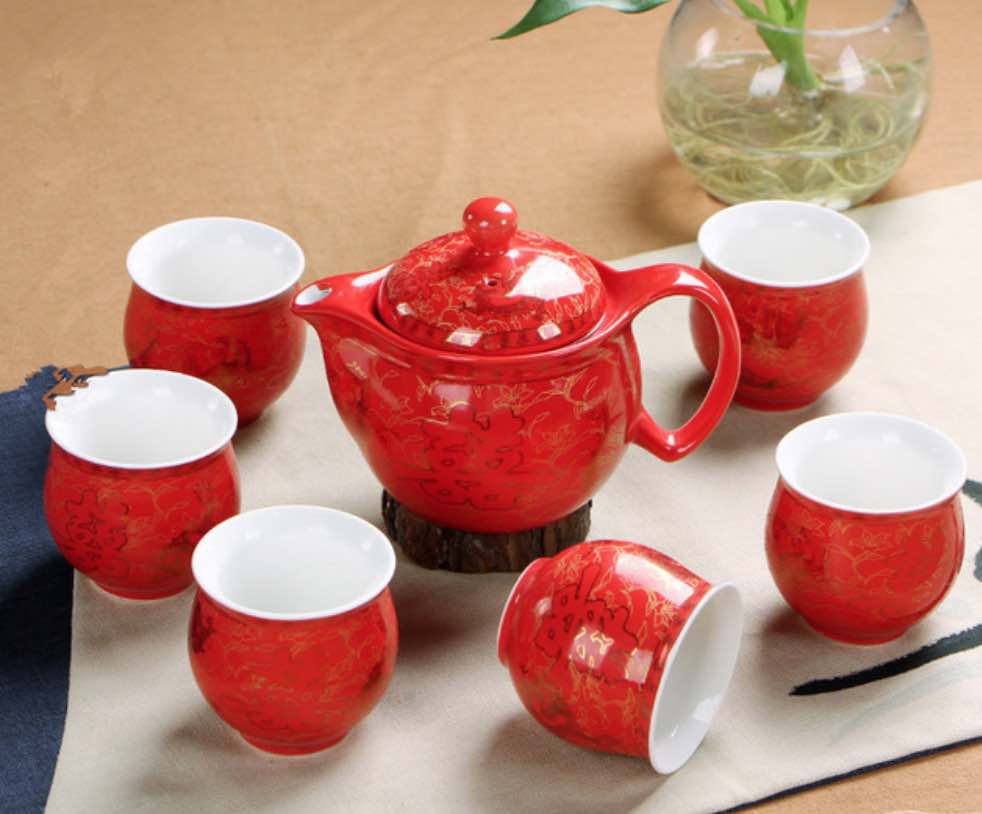 Red & Gold Good Luck Chinese Wedding Tea Cups & Tea Pot for Engagement Ceremony - Blossom Wedding